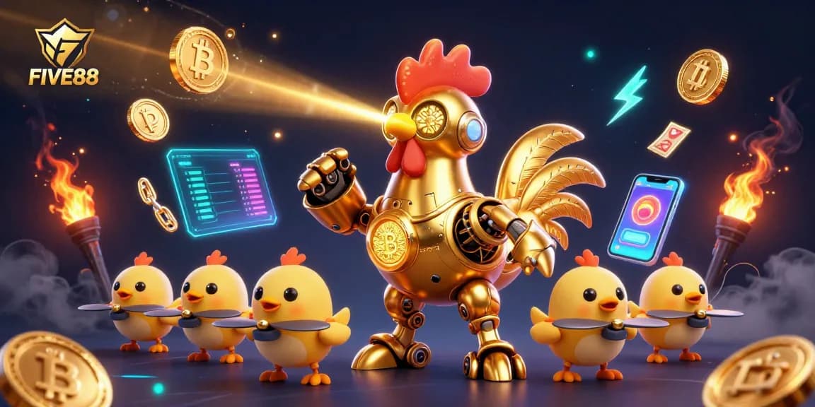 FIVE88 features a golden rooster robot in an ultra-detailed casino scene with crypto coins.