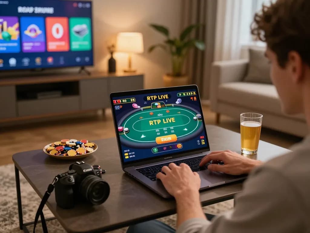 Engaged player experiencing RTP Live online gaming on a stylish laptop in a cozy atmosphere.
