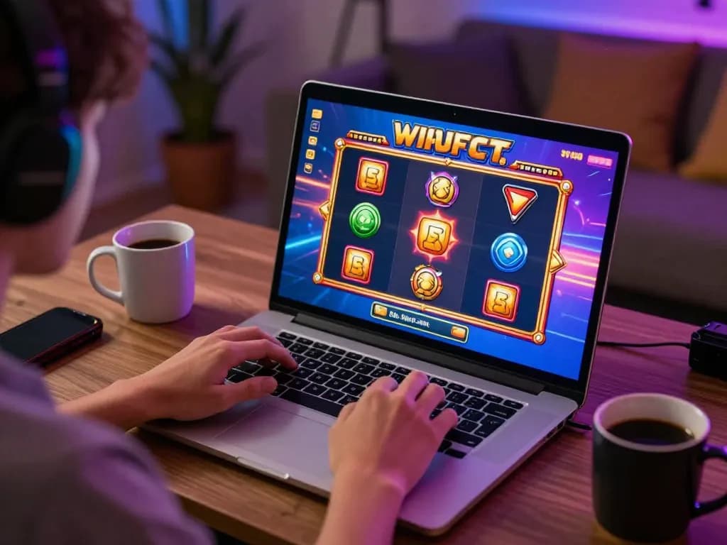 Engaging in online slots with hello88 on laptop, showcasing exciting gameplay and cozy atmosphere