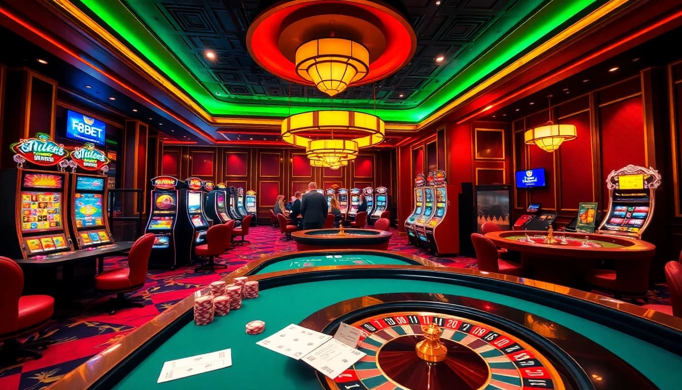 Experience the excitement of F8BET with a vibrant casino scene featuring poker tables and slot machines.