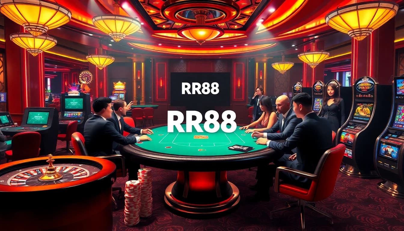 Experience the thrill of RR88 at a luxurious casino with poker, roulette, and vibrant slot machines.