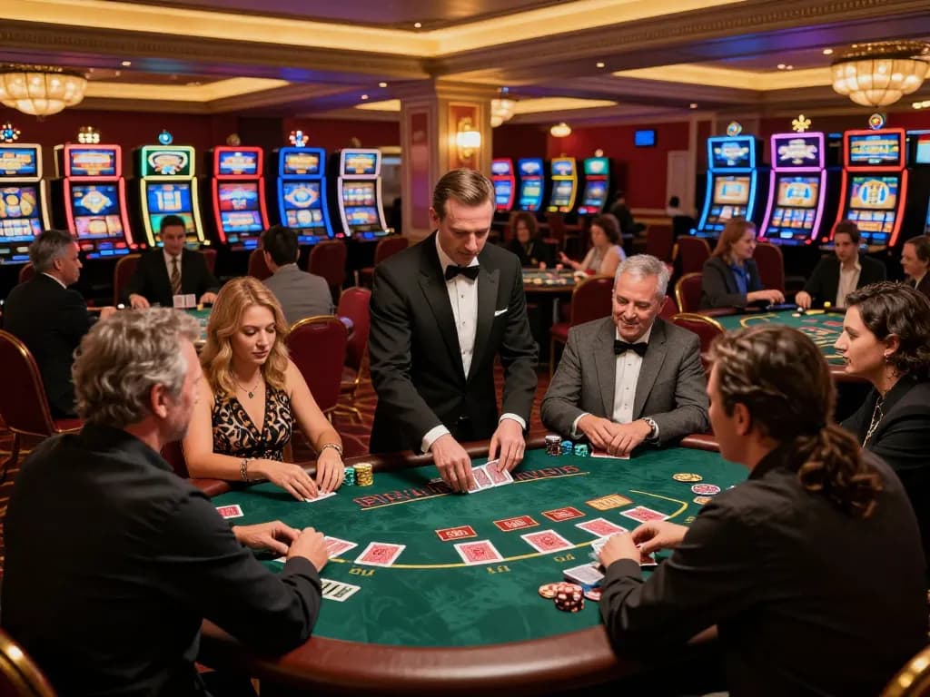 KJC players engaged in intense blackjack gameplay at a vibrant casino with luxurious decor.