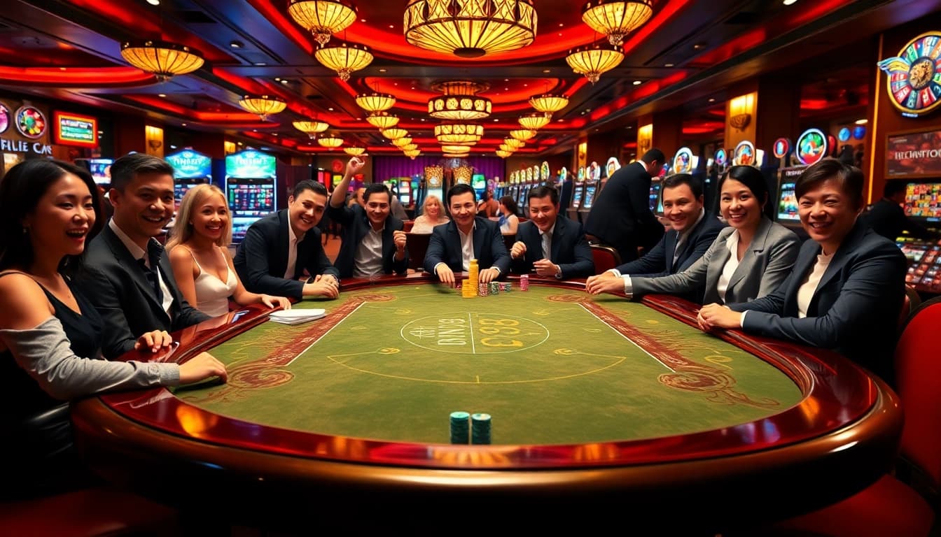 Players engaging at a King88 poker table, illuminated by vibrant casino lights.
