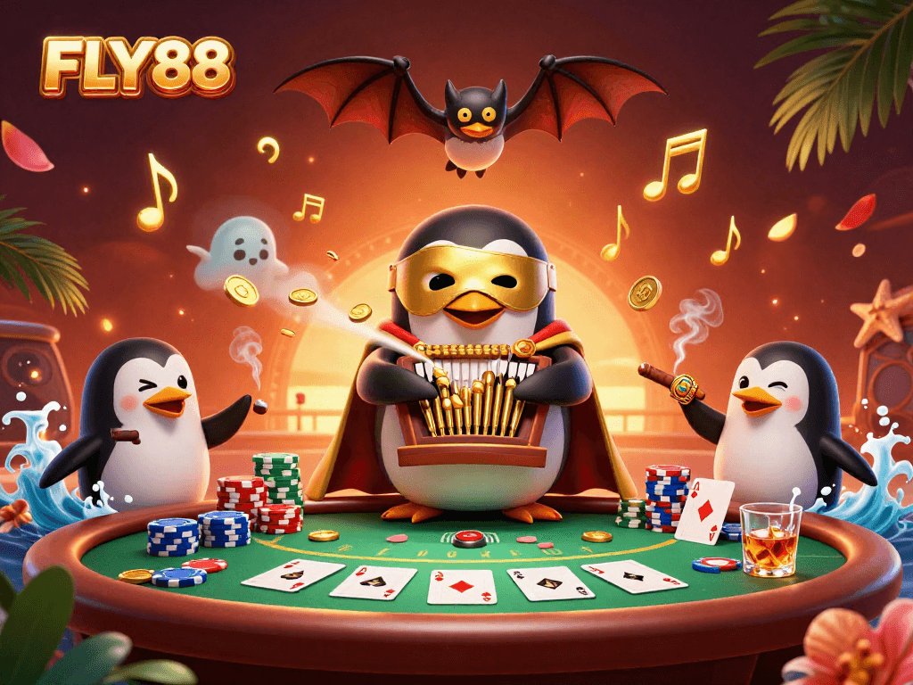 FLY88 showcases a vibrant casino scene with a penguin playing an organ, surrounded by poker elements.