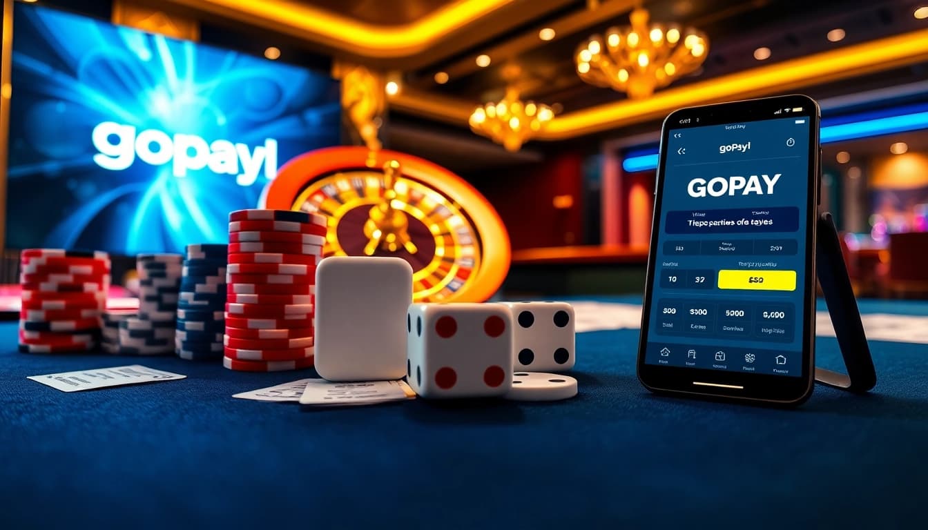 Gopaytogel interface depicting fast deposits and seamless betting with poker chips and roulette wheel