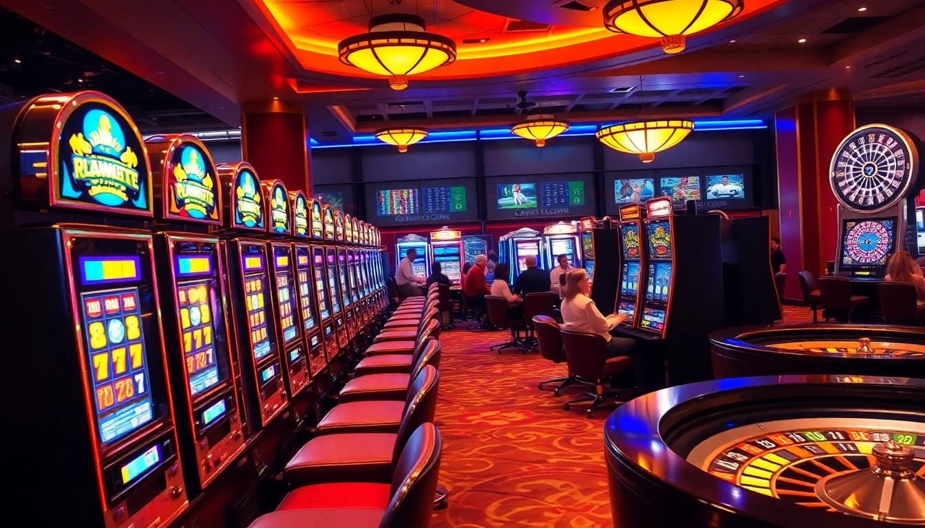 Players enjoying thrilling slot games at a bustling casino, featuring vibrant machines and a lively atmosphere.