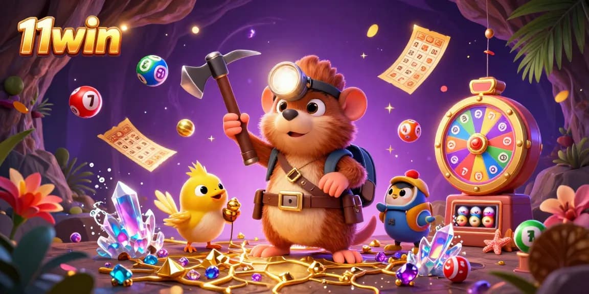 Engage with 11win's animated treasure hunt featuring a mole and vibrant lottery elements.