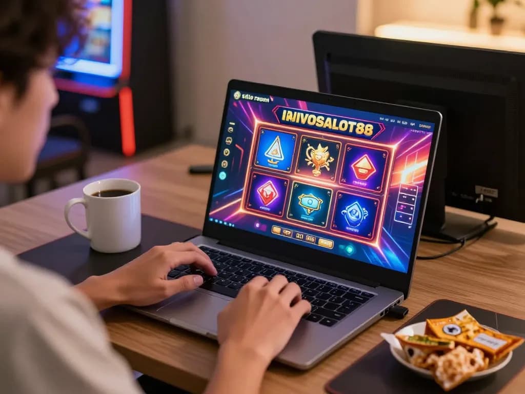 situs resmi INDOSLOT88 engaging online slot gameplay on a laptop with vibrant graphics