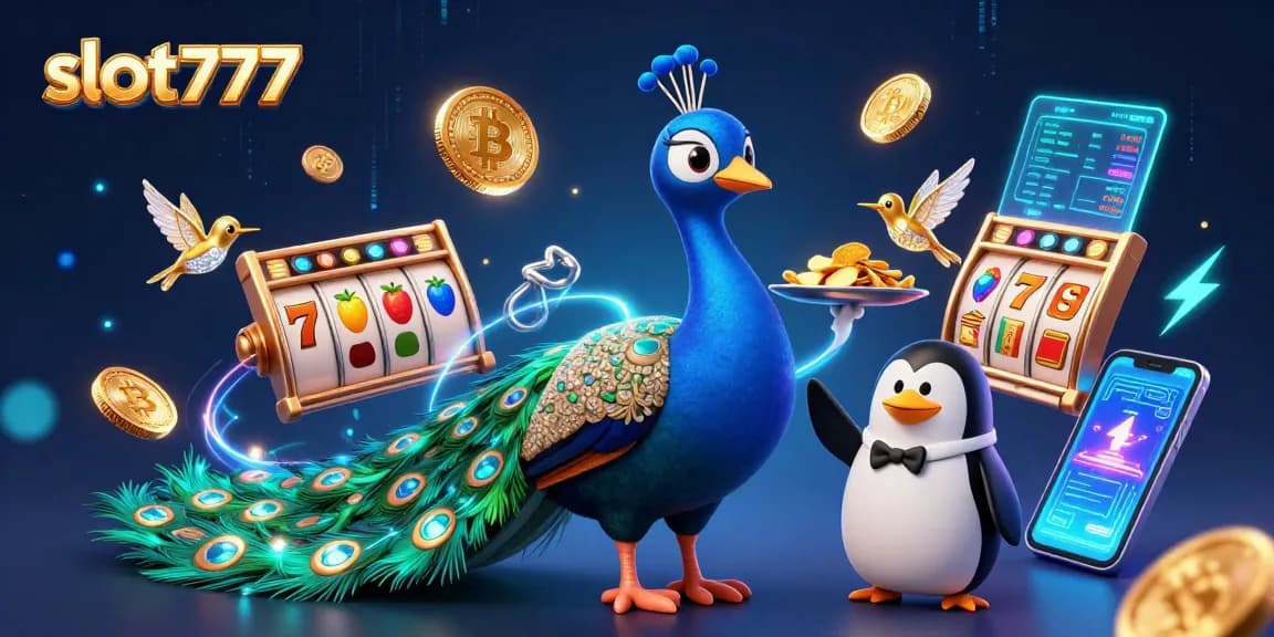 Spin and win big with slot777 reels, luxurious peacock, and golden chips at an online casino.