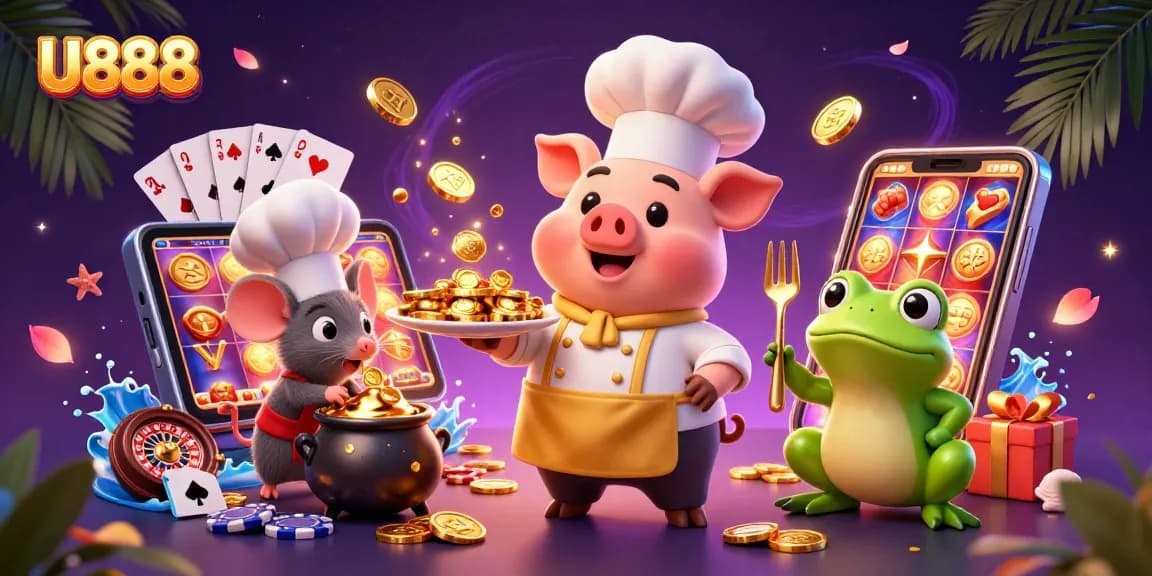Explore the world of U888 with vibrant characters serving golden winnings amidst a rich casino backdrop.