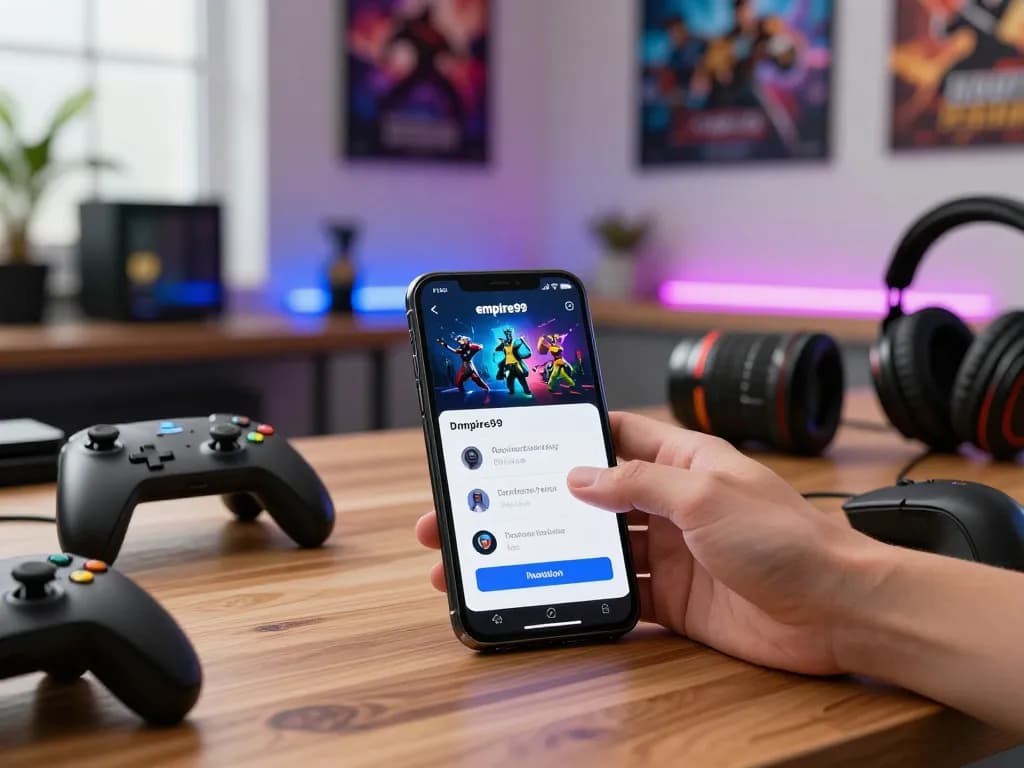 Installing the empire99 app on mobile device with gaming accessories around