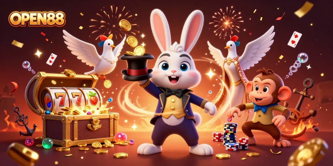Experience the magic of OPEN88 with vibrant characters and dynamic casino elements in this engaging illustration.