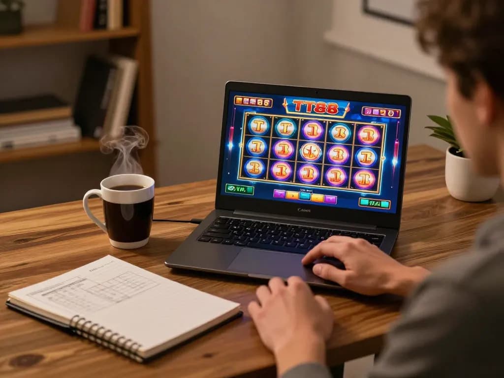 Player enjoying TT88 online slots on a laptop with strategic notes and coffee nearby