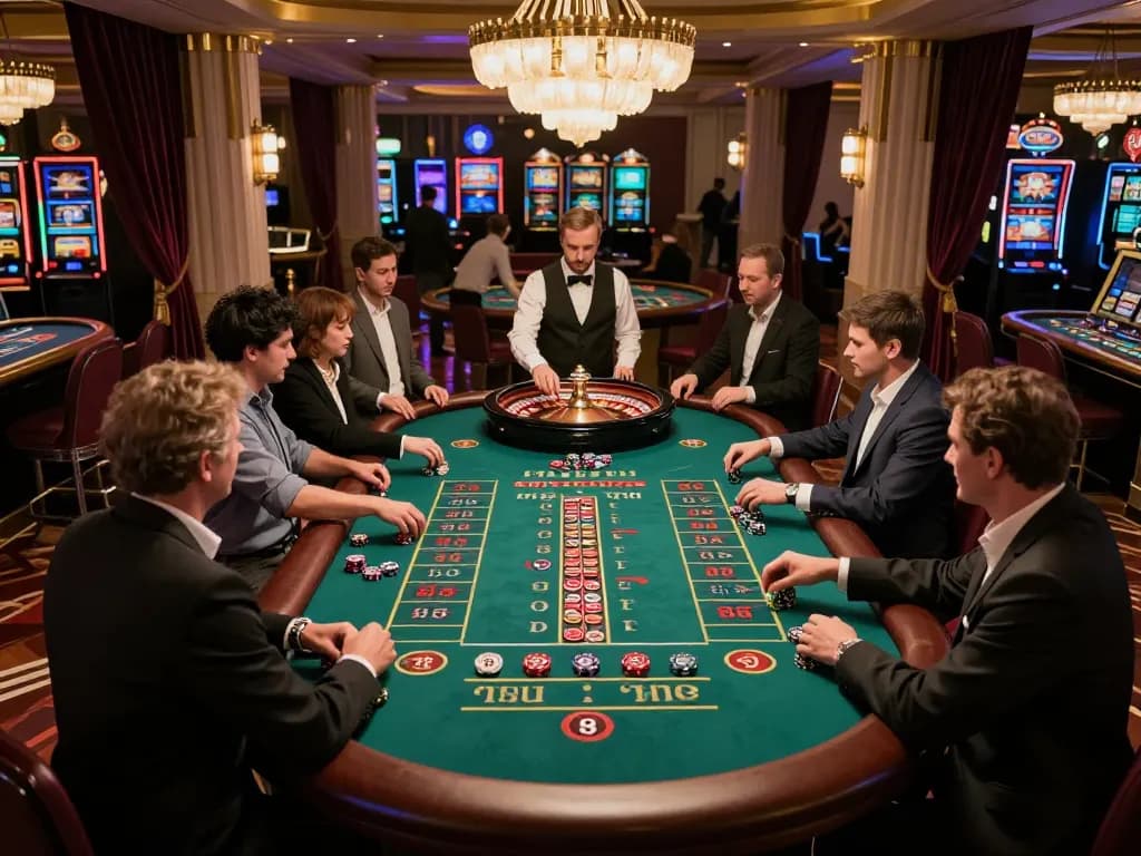 Engaged players betting at the roulette table in 388bet's vibrant casino atmosphere