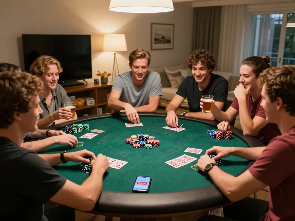 Bong88 app displayed on a smartphone during a lively home poker night, showcasing friends enjoying card games together.