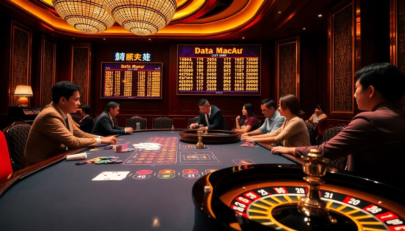 View real-time Data Macau results during an exciting lottery draw at a vibrant casino setting.