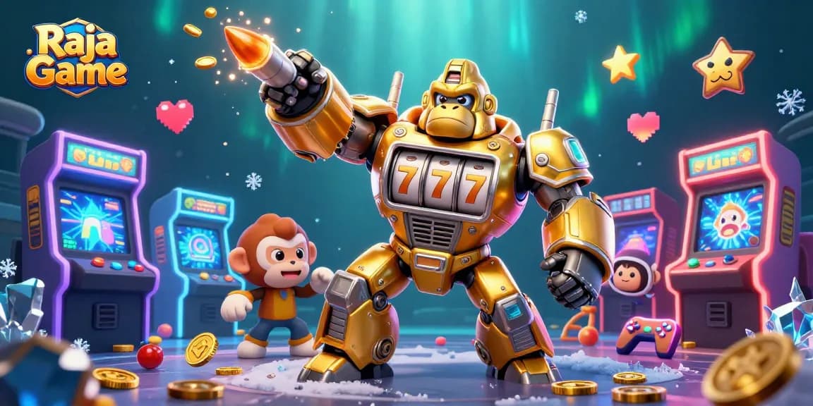 Engage with Raja Game in a vibrant casino-themed scene full of dynamic arcade elements and rewards.
