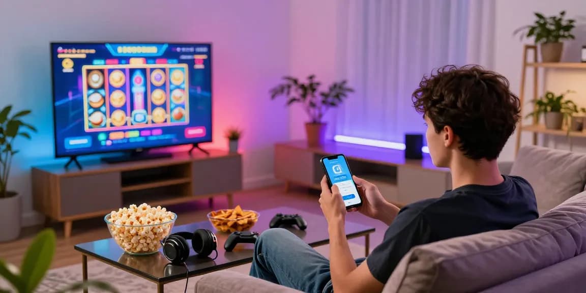 Engaging online gaming scene showcasing deposit pulsa tanpa potongan with a player relaxed on couch, focused on exciting slot game.