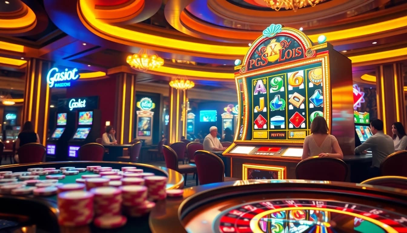 Players enjoying a thrilling PGSLOT experience at a luxury casino with vibrant slot machines and roulette.