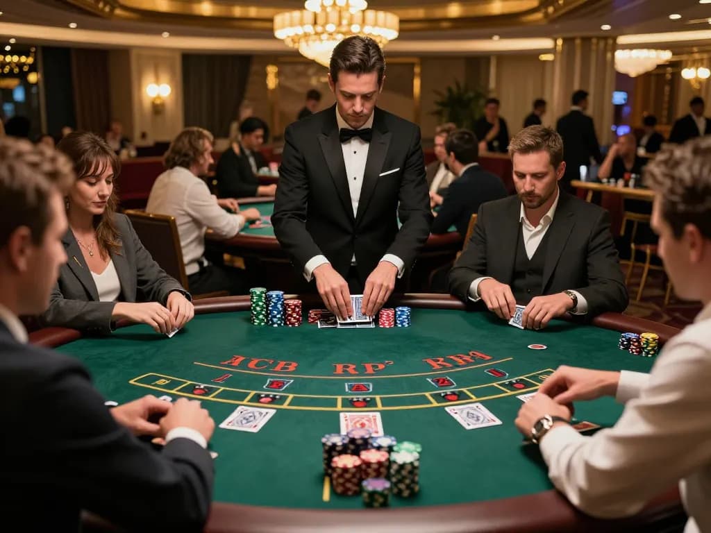 Xocdiavn players are intensely strategizing at a glamorous blackjack table in a vibrant casino.