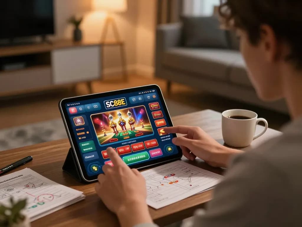 Person engaged in online gaming with the SC88E app, cozy atmosphere and strategy notes visible.