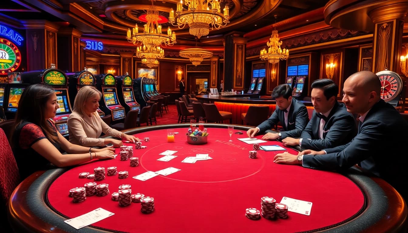 Exciting gameplay at rikvip's vibrant casino, showcasing poker, chips, and vibrant slots.