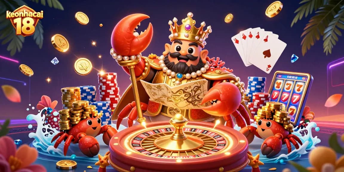 Engage with exciting bets at keonhacai 18 featuring a golden crab with treasure and chips.
