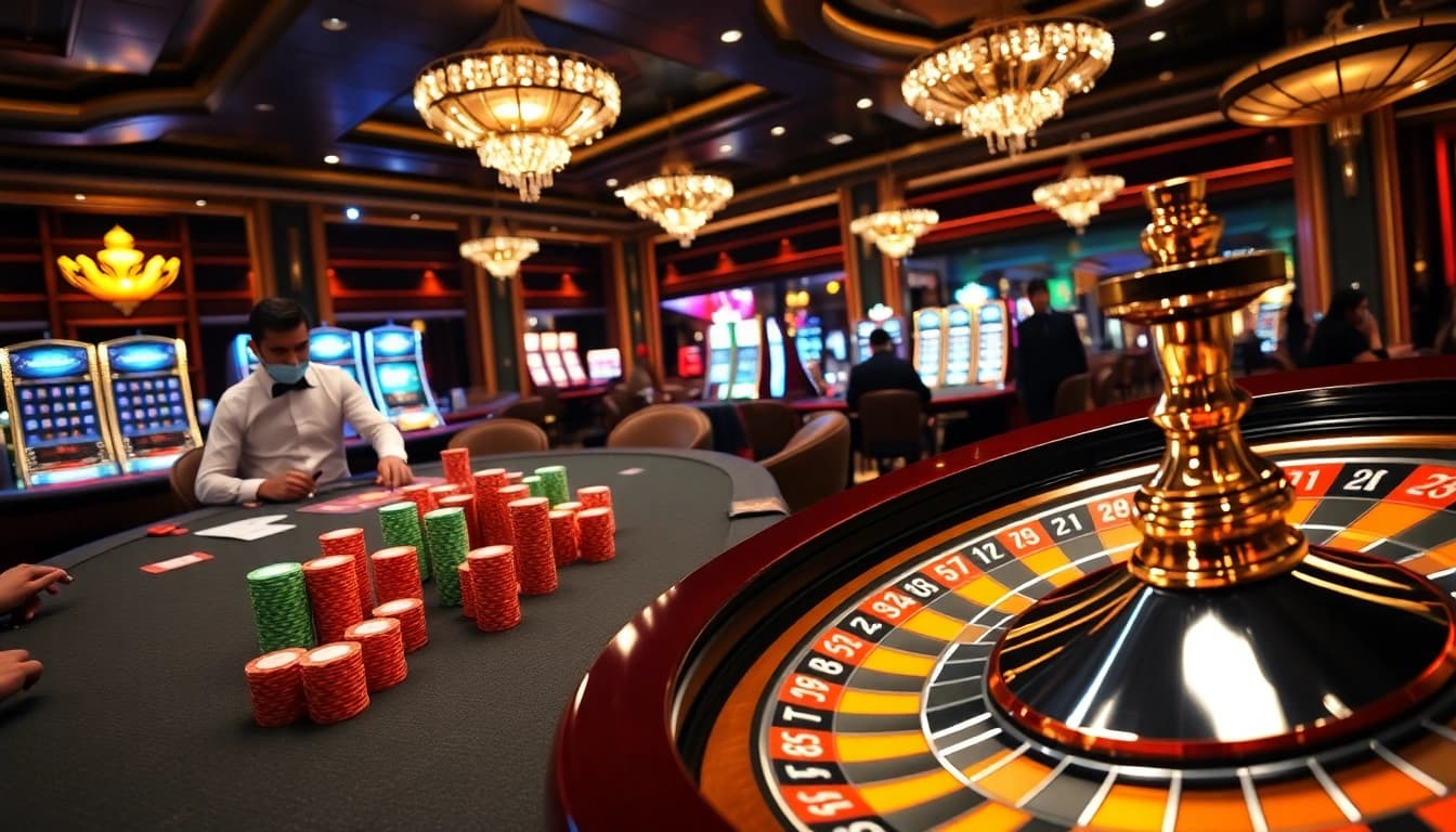 Players strategizing at a vibrant poker table in a luxurious casino ambiance showcasing f168 gaming elements.