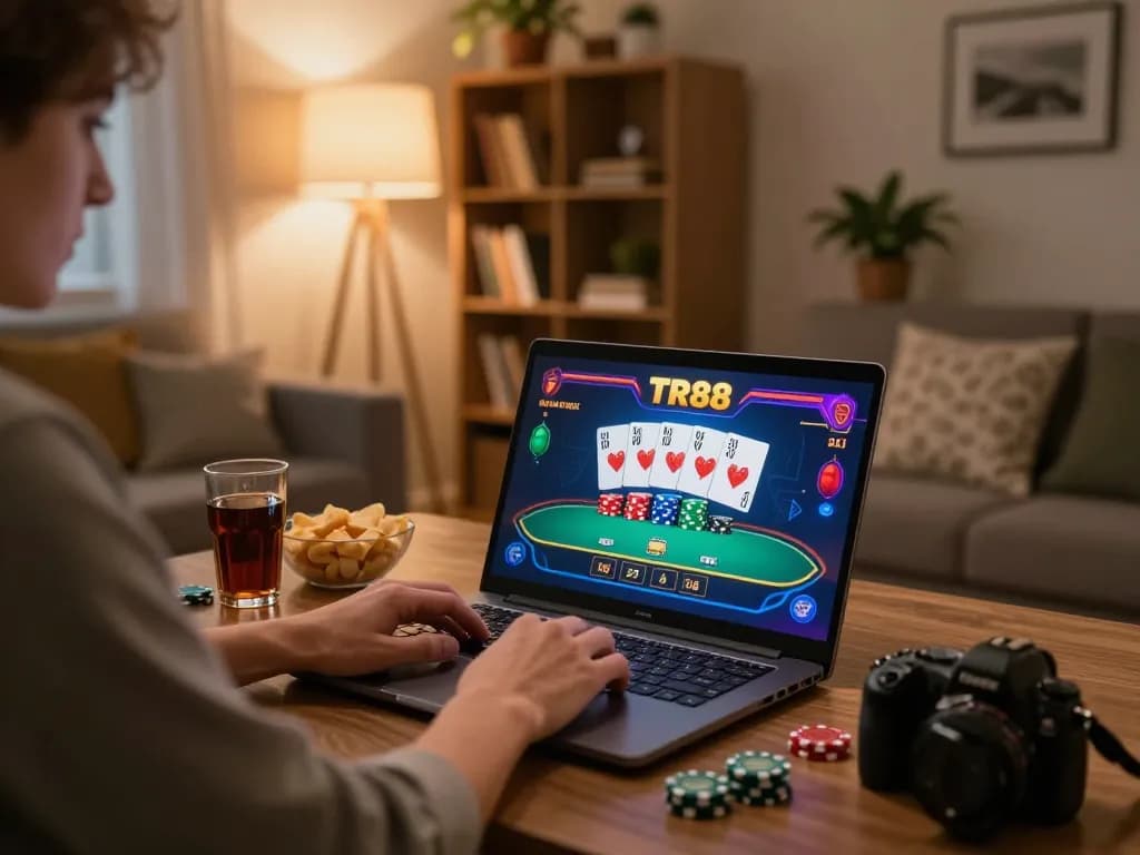 Player enjoying TR88 online casino game at home with a laptop and poker interface on screen