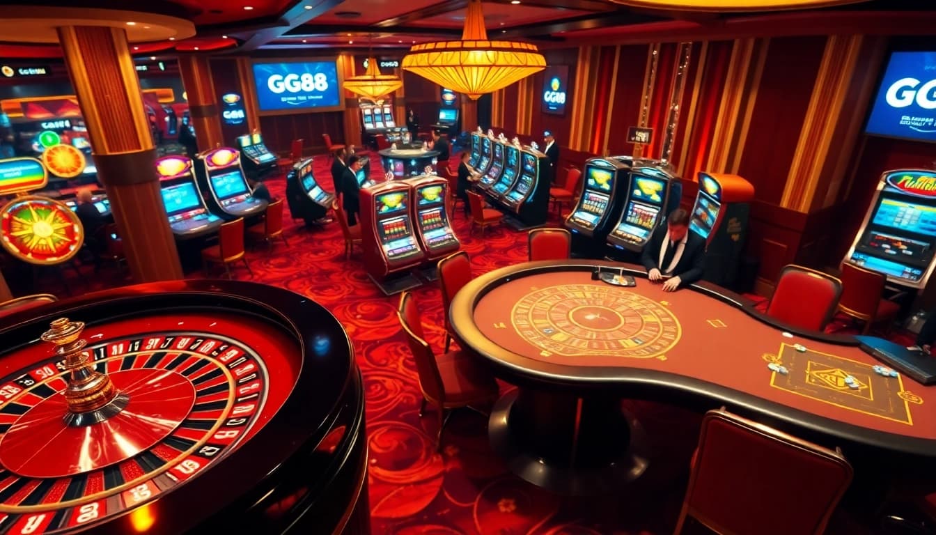 Dynamic GG88 casino scene showcasing poker, roulette, and vibrant gaming atmosphere.