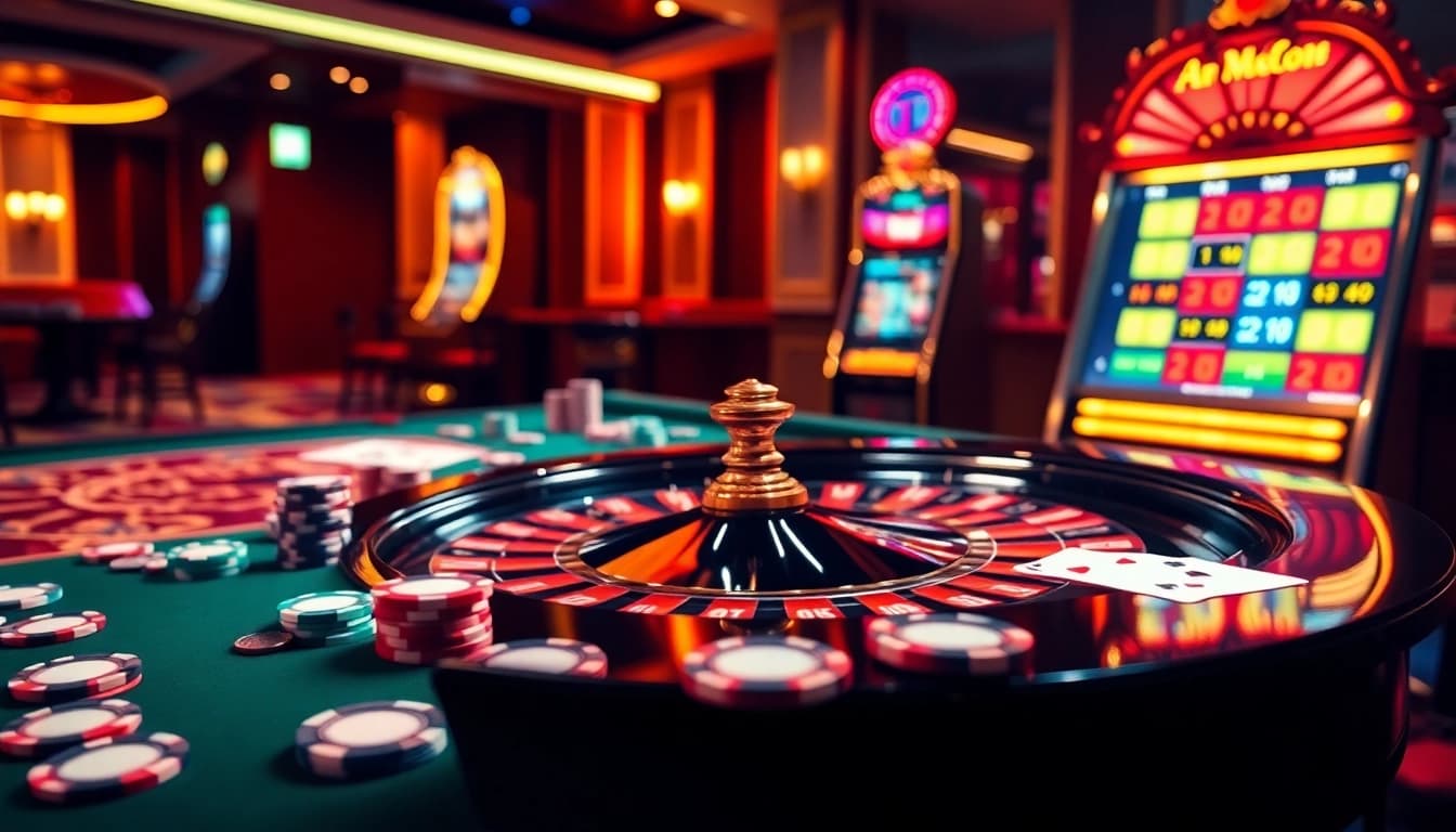 Experience the excitement of RR88 with vibrant casino elements like roulette and slot machines.