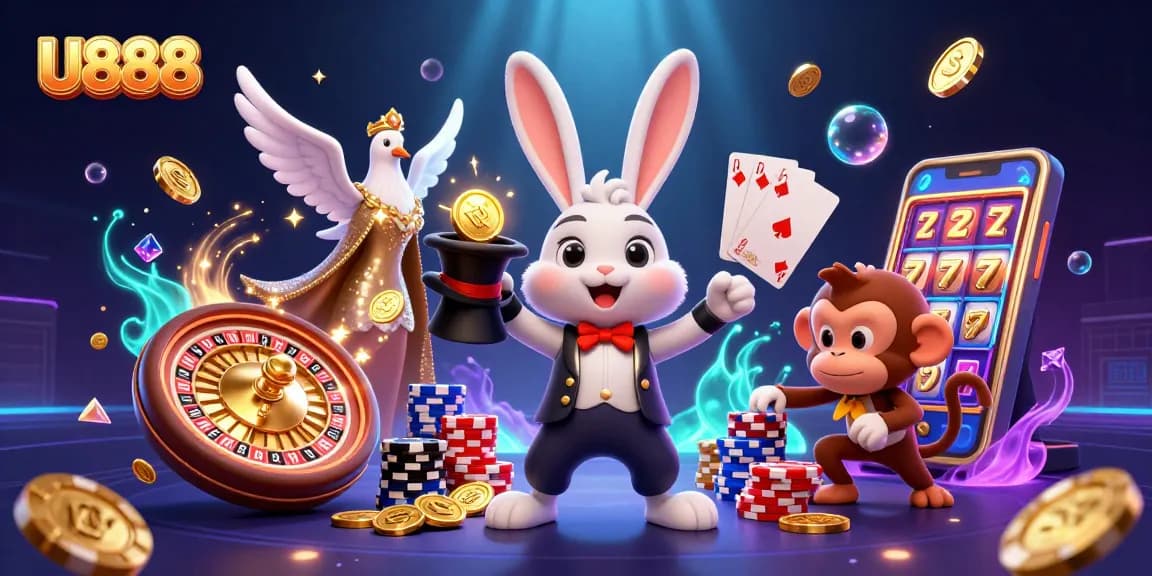 Experience thrilling play at U888 with a magician rabbit, dove, and monkey in a casino scene.