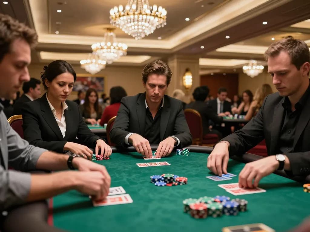 Players engaging in a high-stakes poker game at SHBET casino, showcasing exciting strategic gameplay.