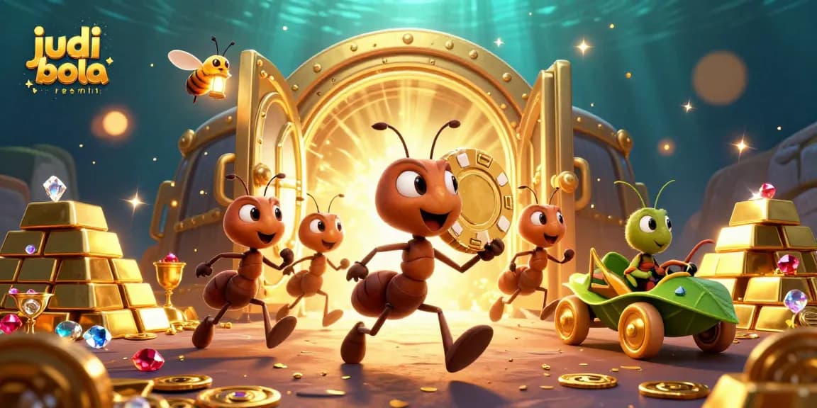 Engage with judi bola resmi while a team of ants carry a colossal poker chip amid treasure in a vibrant heist scene.