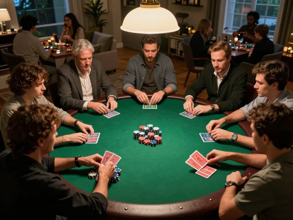 o8 players strategizing their hands during a lively poker night at home