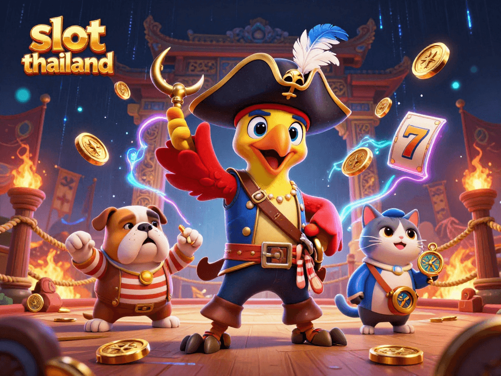 Experience thrilling slot action with slot thailand and cartoon pirate characters amidst dynamic casino elements.