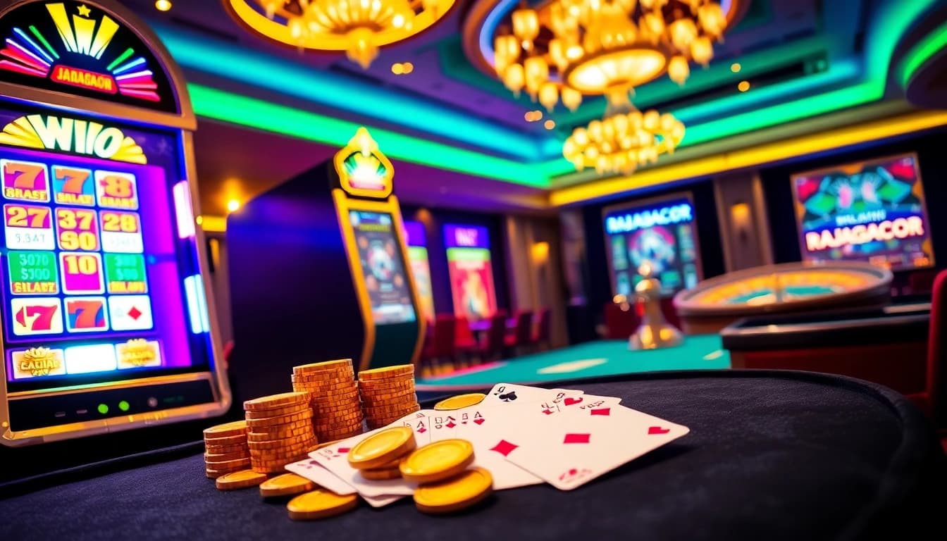 Win big at RAJAGACOR's luxurious casino environment with vibrant slots and enticing gameplay.