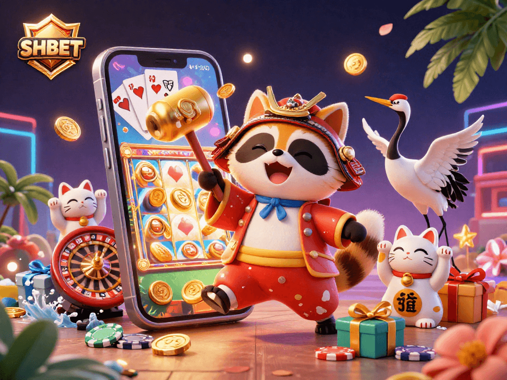 Engage with SHBET's vibrant and dynamic 3D casino illustration featuring characters and gaming elements.