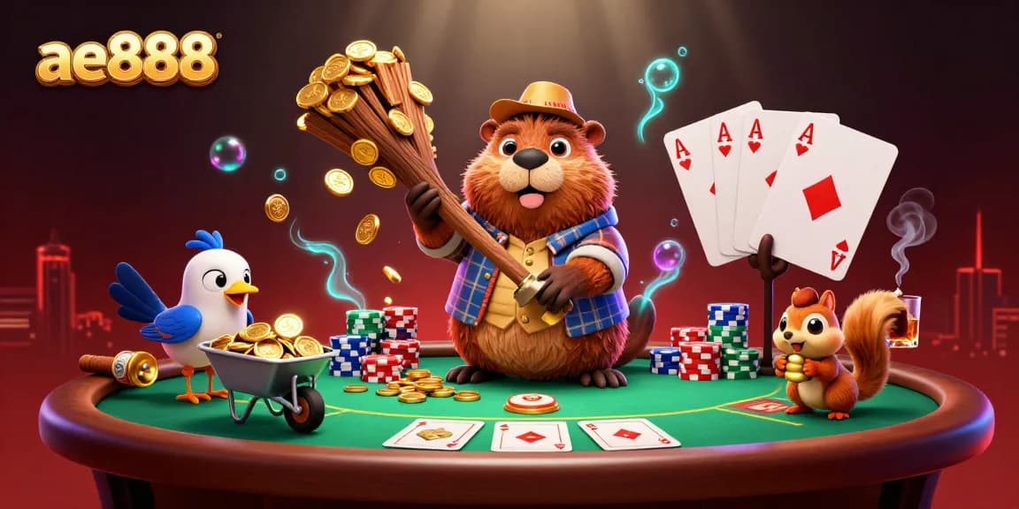 Experience the thrill of ae888 with lively characters collecting golden coins in a vibrant casino scene.