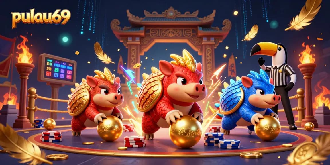 Pulau69 pangolins rolling golden balls through poker chips in a vibrant casino scene.