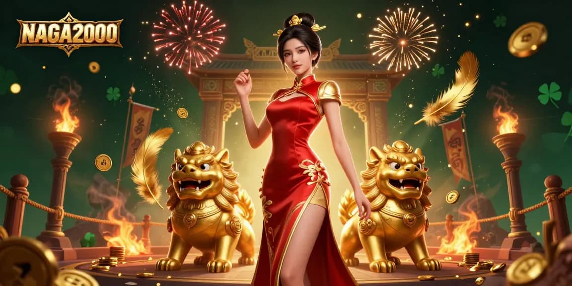 NAGA2000 menampilkan seorang wanita Asia dalam cheongsam glamor dikelilingi oleh penjaga, merayakan kemenangan besar dengan elemen kasino yang berwarna-warni.