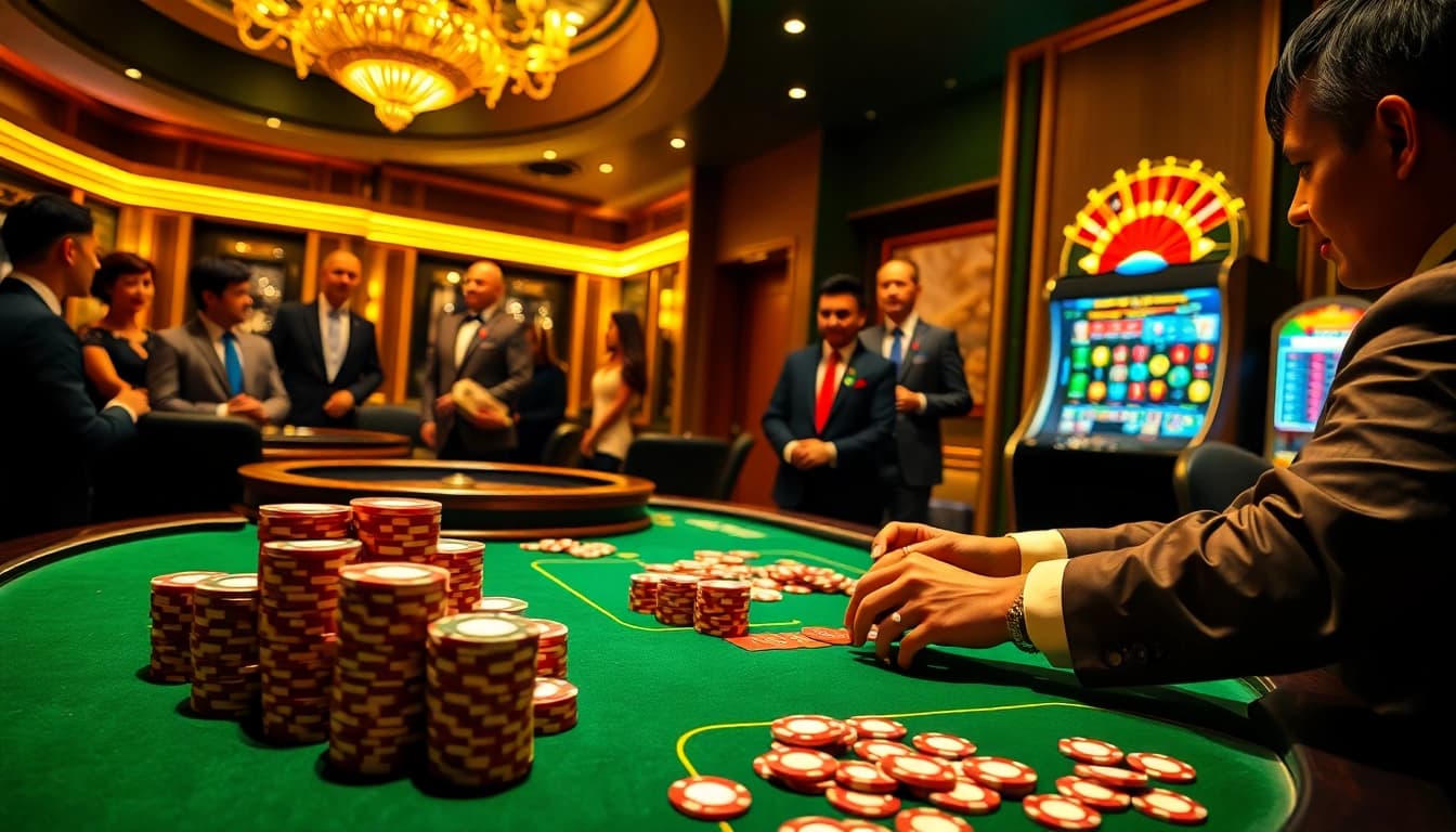 Players engaging in a thrilling pg88 casino game with vibrant poker chips and a roulette wheel.