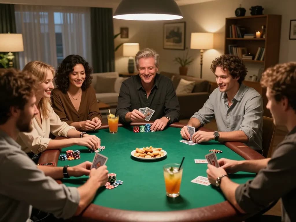 Friends playing poker at home, enjoying an interactive 789F gaming night with a friendly atmosphere.