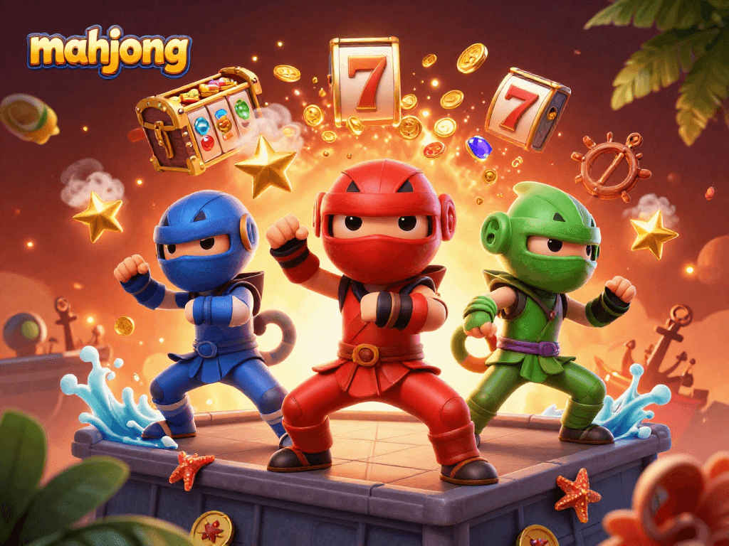 Play mahjong slots with exciting ninja characters in a vibrant casino setting.