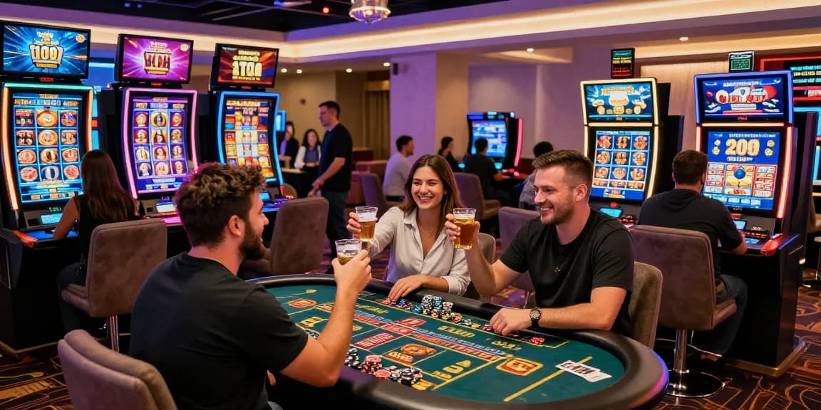 Exciting credit card casino scene with players enjoying games, celebrating wins, and vibrant promotions, showcasing a lively gambling atmosphere