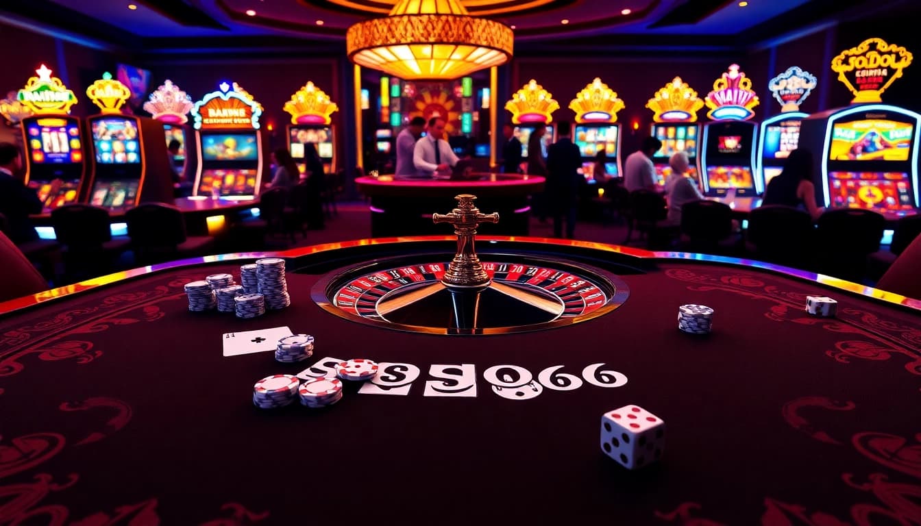 SODO66 casino table setup with poker chips, cards, and roulette wheel, embodying luxury and excitement.