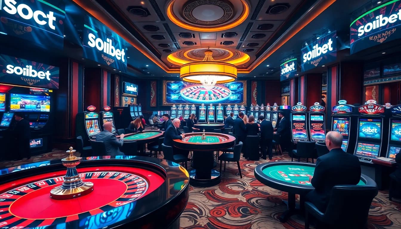 Experience the thrill of soibet in a vibrant casino with roulette wheels, poker tables, and excited players.