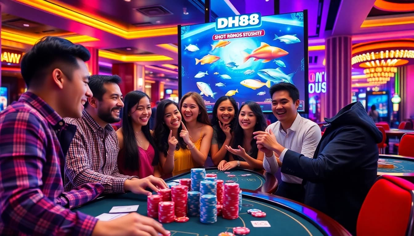 Bắn cá DH88 game with players engaged in a thrilling shooting experience at a vibrant casino atmosphere.