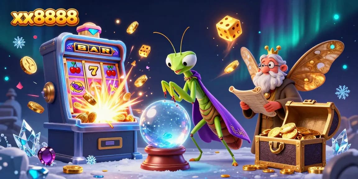 Win big at xx8888 with a dynamic scene featuring colorful slots, fortune teller, and magical elements.
