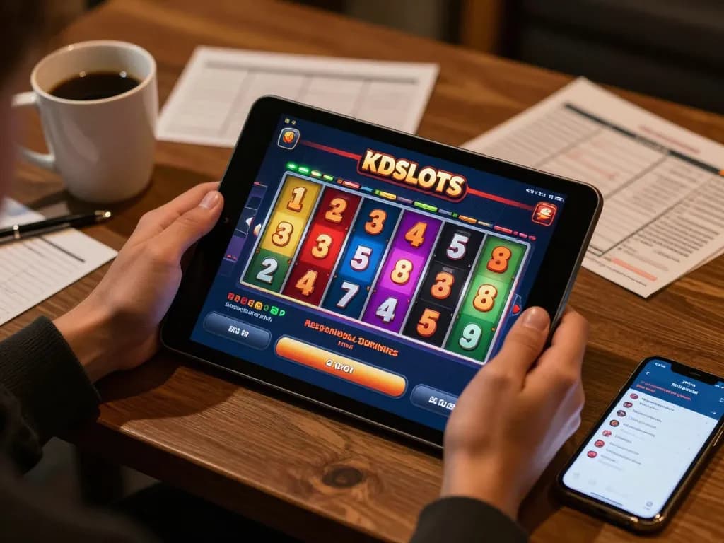Player enjoying kdslot games on a tablet in a cozy home setting with strategy notes.